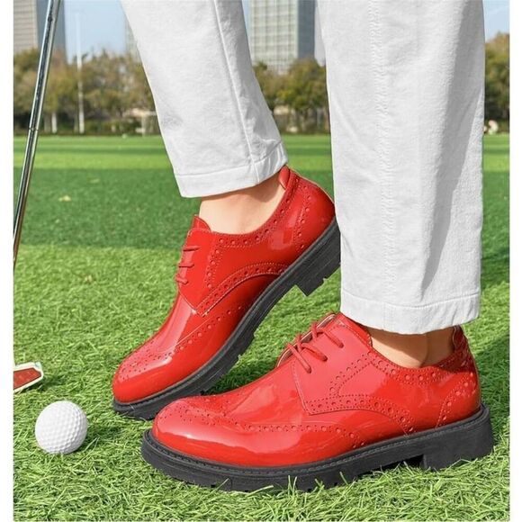 Threston Mens 12 Red Fashion Golf Shoes Outdoor Leather Formal Spiked Golfing main image 4